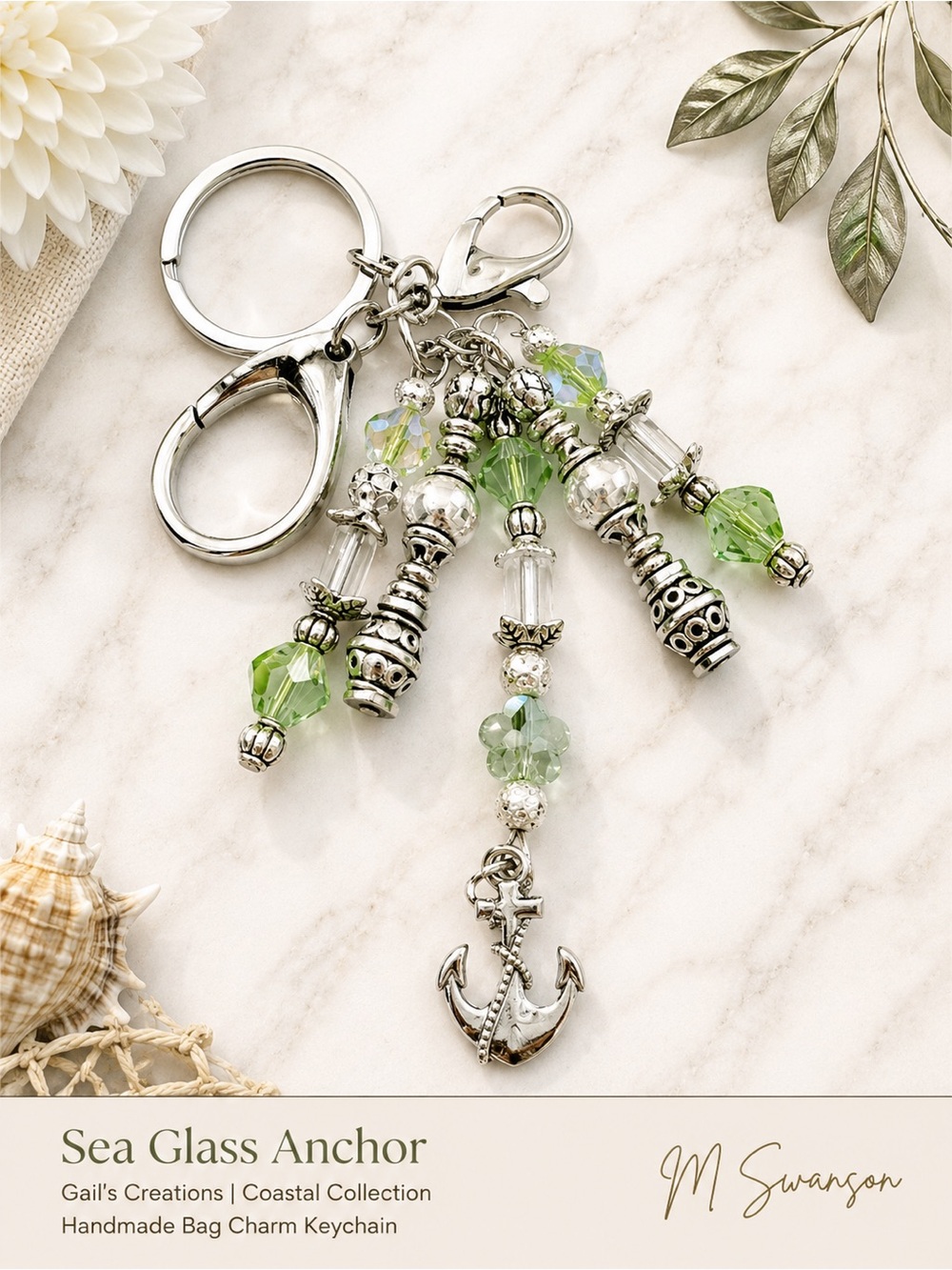 NEW One of a Kind Sea Glass Anchor Handmade Beaded Bag Charm Keychain (#39)